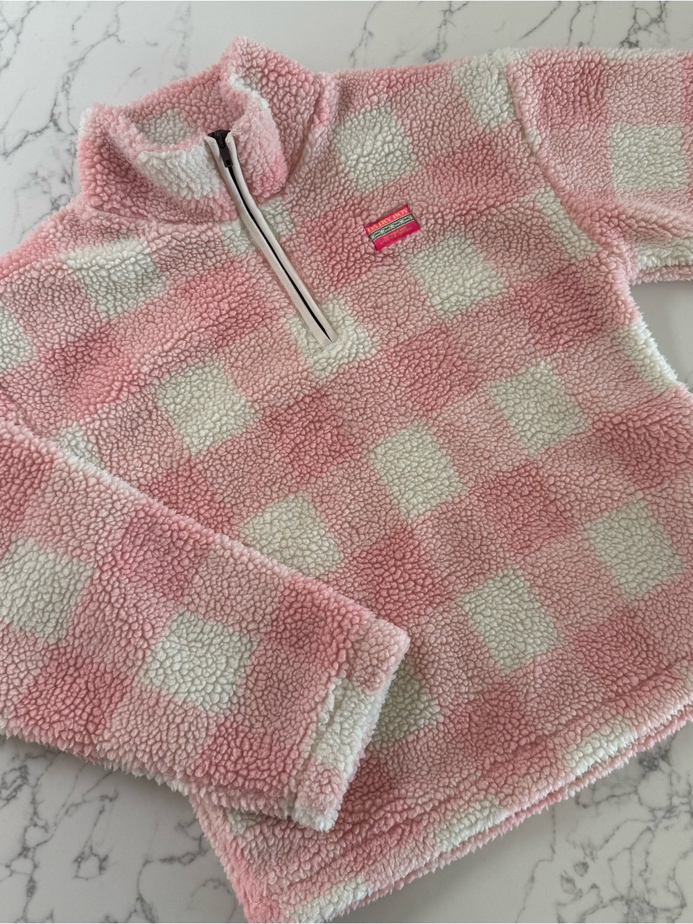 Kids Pink and Cream Check Sherpa Pullover - Unbranded